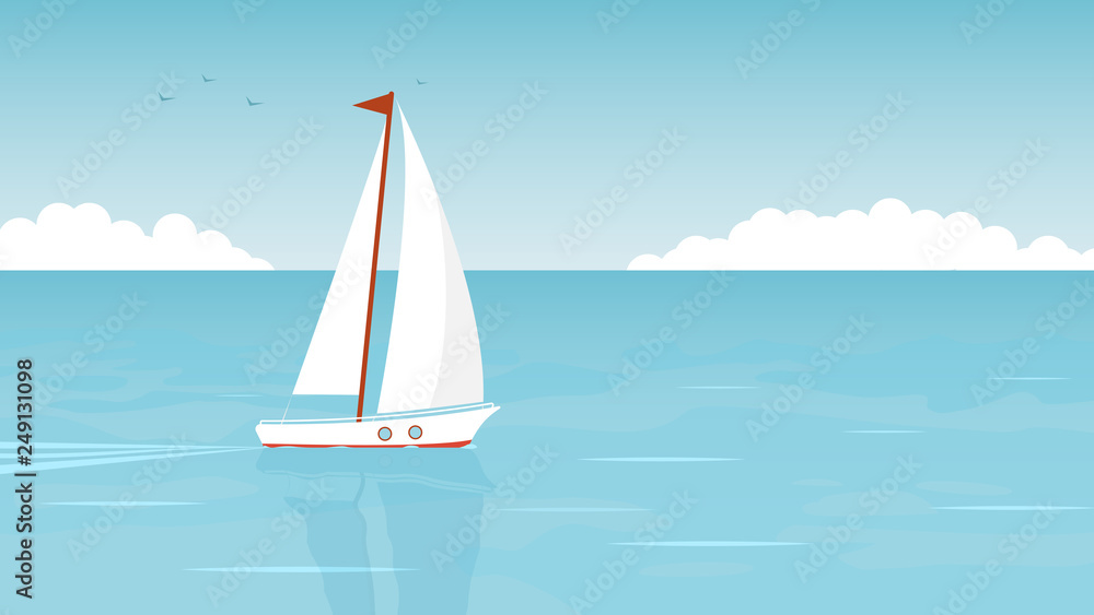 Sailboat in the open sea on the background of clouds and seagulls. Vector illustration