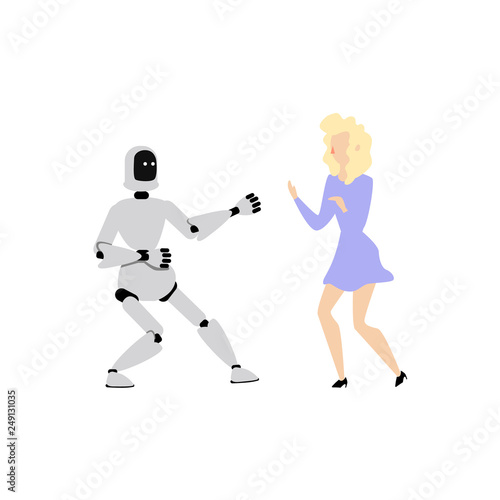 Vector flat cyborg robot dancing with woman