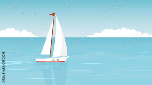 Fotografiet Sailboat in the open sea on the background of clouds and seagulls