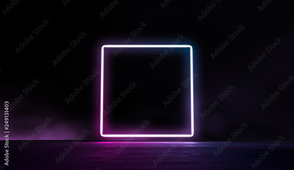 Glowing lines vibrant colors abstract background. Neon pink blue lights in empty space with smoke. 3d render.