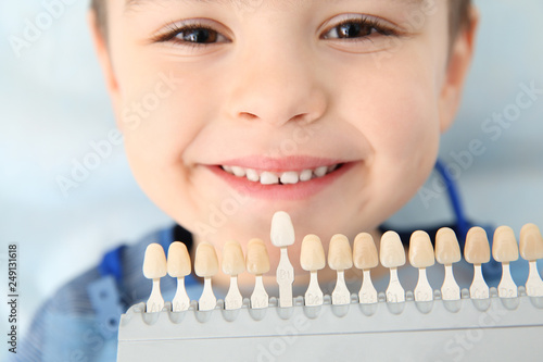 Selecting cute boy's teeth color with palette in clinic. Visiting dentist