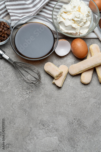 frame made of Ingredients for making traditional Italian dessert Tiramisu