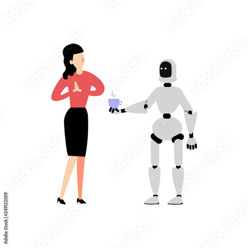 Vector flat robot cyborg waiter coffee to woman