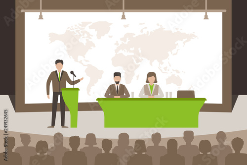 Speaker doing presentation about global issues in the world. World problem creative concept. Vector illustration flat style.