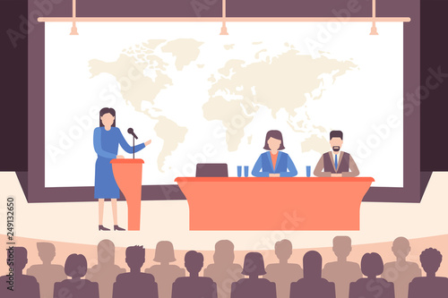 Speaker ang people group at conference in holl. Business meeting and education concept. Vector illustration flat style.