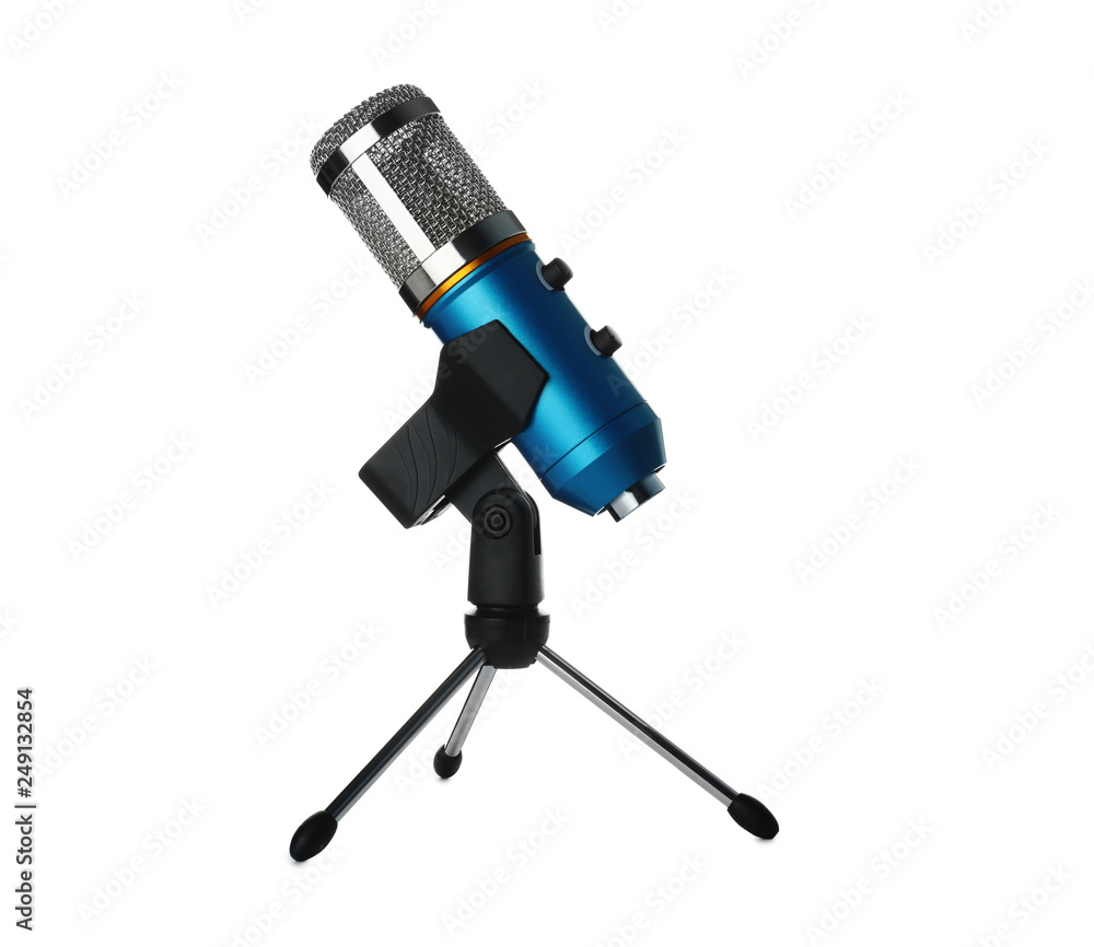 Condenser microphone with holder on white background Condenser microphone with holder on white background