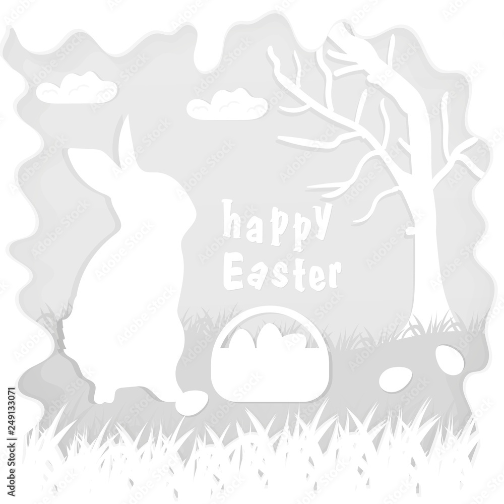 illustration in paper_4_style on the theme of Easter celebration little rabbit sitting on the lawn next to a basket of eggs near the tree, for the design of stickers and covers