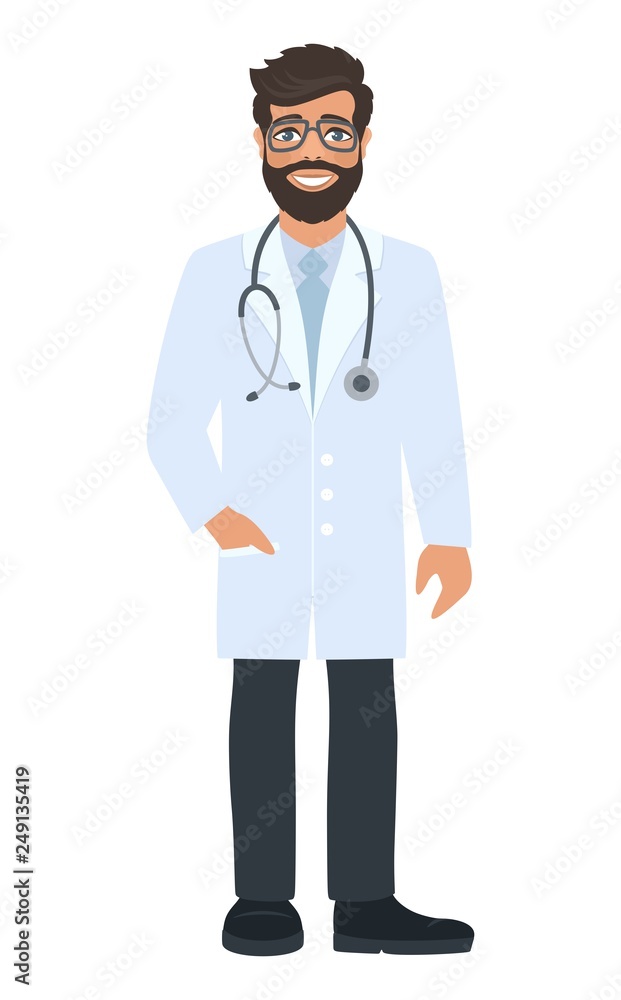 Cheerful male doctor doctor with glasses and a stethoscope. Smiling character in medical coat on white background. Vector illustration in a flat style. Cheerful male doctor doctor with glasses and a stethoscope. Smiling character in medical coat on white background. Vector illustration in a flat style.