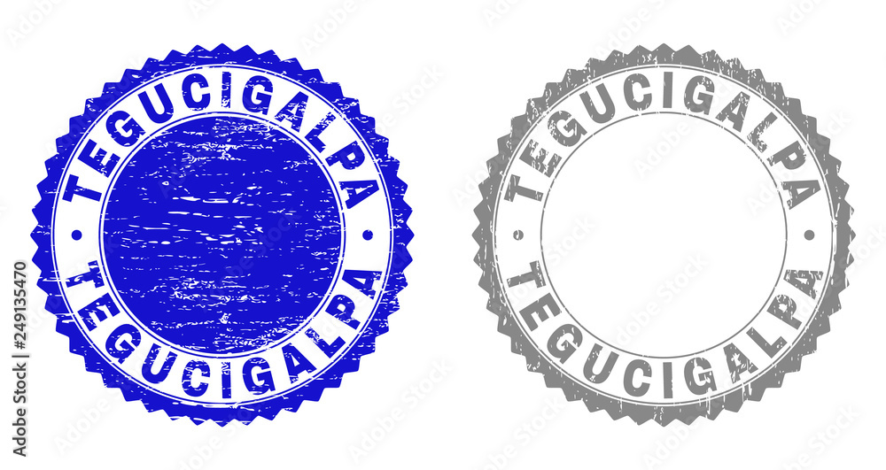 Obraz premium Grunge TEGUCIGALPA stamp seals isolated on a white background. Rosette seals with grunge texture in blue and grey colors. Vector rubber stamp imitation of TEGUCIGALPA label inside round rosette.