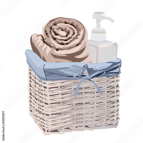 Vector illustration of towels in wicker basket.