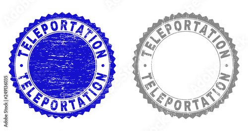 Grunge TELEPORTATION stamp seals isolated on a white background. Rosette seals with grunge texture in blue and grey colors. Vector rubber stamp imitation of TELEPORTATION tag inside round rosette.