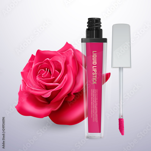 Liquid lipstick in a bright pink color against the background of a red rose, vector illustration into a realistic style