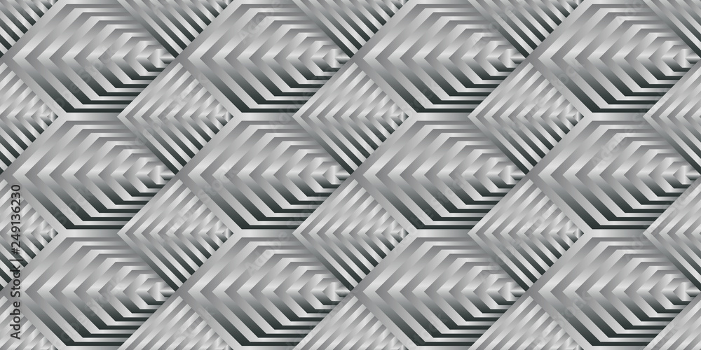 Vector seamless pattern with uncolored gradient lines. Monochrome scales of striped hexagons and rhombuses. Parametric background, industrial technologic texture.