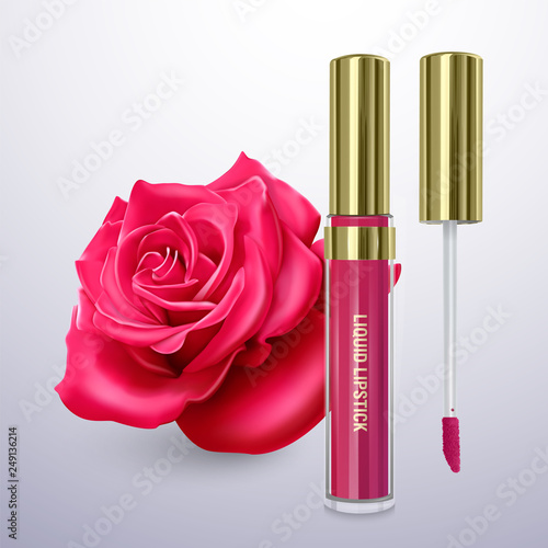 Liquid lipstick in a bright pink color against the background of a red rose, vector illustration into a realistic style