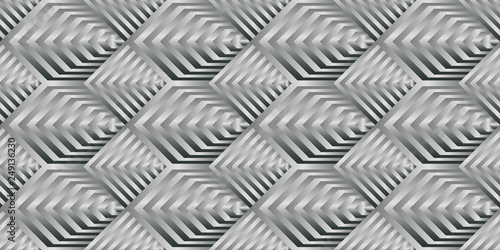 Vector seamless pattern with uncolored gradient lines. Monochrome scales of striped hexagons and rhombuses. Parametric background, industrial technologic texture.