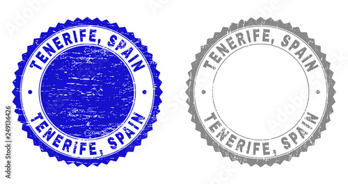 Grunge TENERIFE, SPAIN stamp seals isolated on a white background. Rosette seals with grunge texture in blue and grey colors. Vector rubber stamp imprint of TENERIFE,