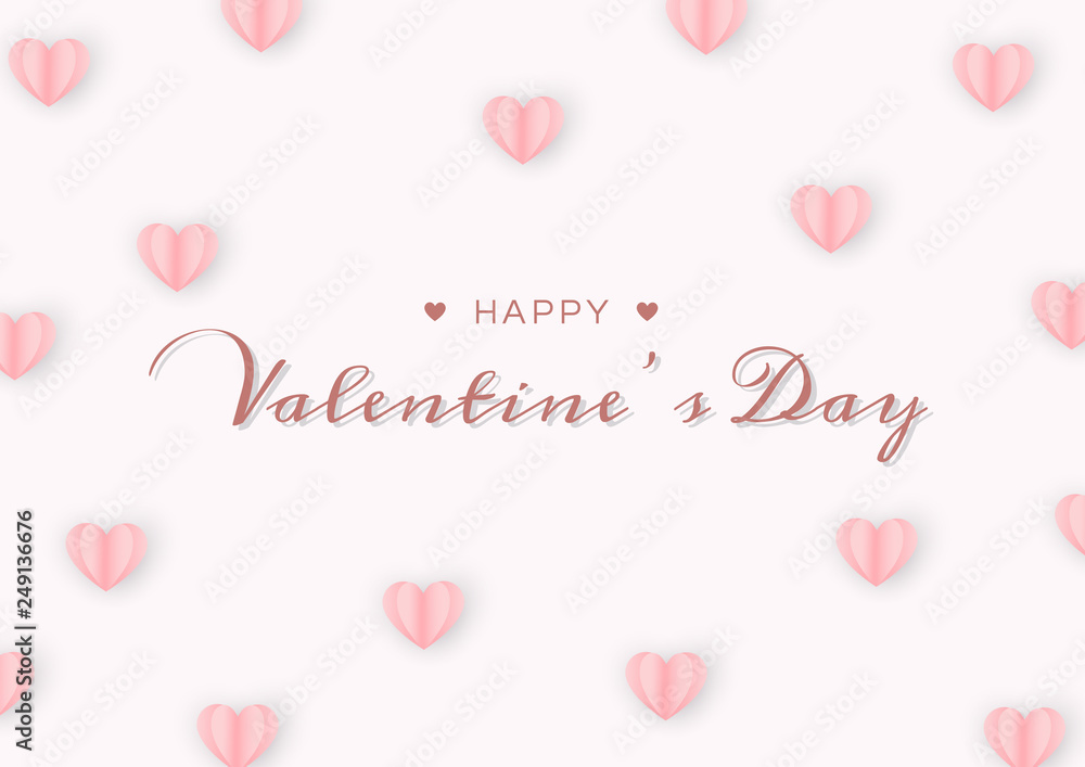 Happy valentines day on pink background with paper heart, Love concept and copy space. Vector illustration