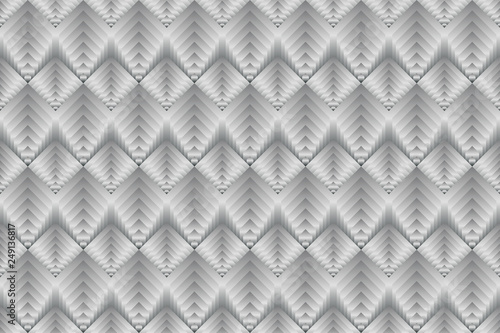 Vector seamless pattern with uncolored gradient lines. Monochrome scales of striped hexagons and rhombuses. Parametric background, industrial technologic texture.