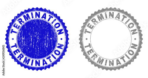 Grunge TERMINATION stamp seals isolated on a white background. Rosette seals with grunge texture in blue and grey colors. Vector rubber stamp imprint of TERMINATION title inside round rosette.