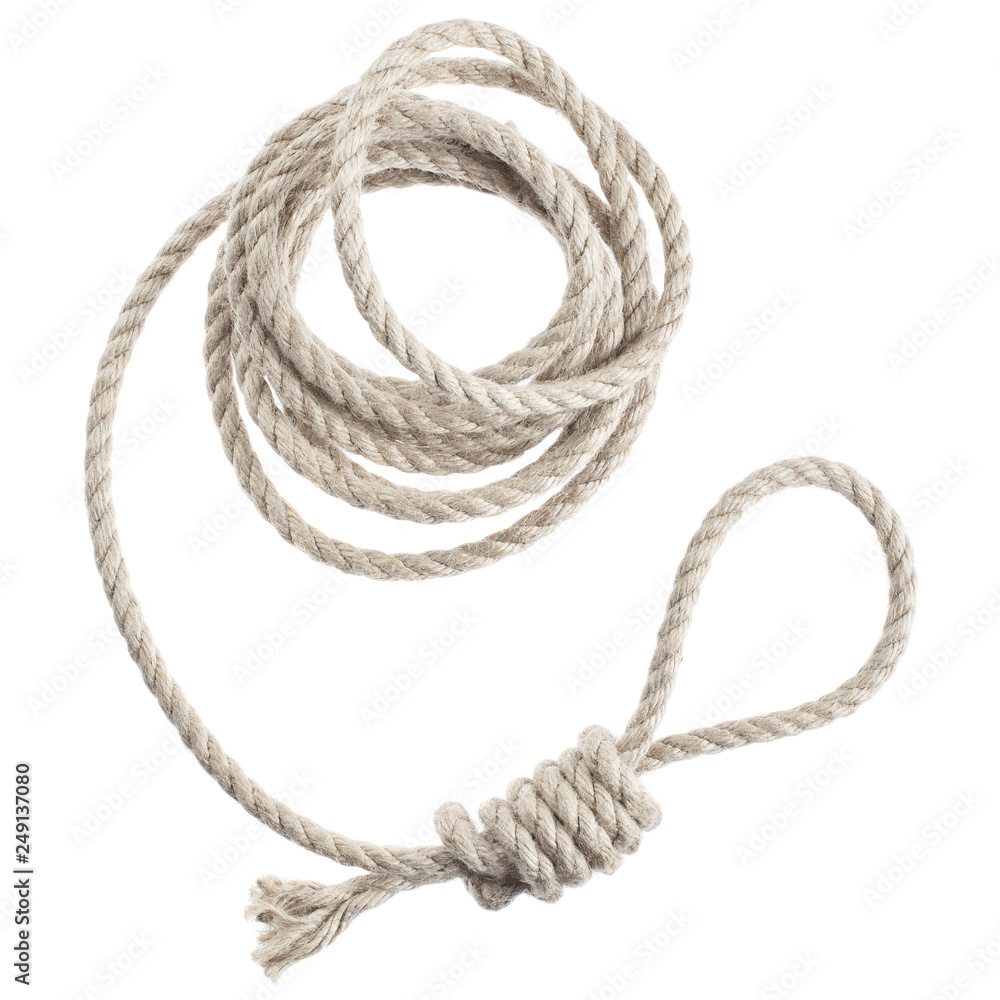 Roll of a thin rope with a loop for hanging, isolated on white
