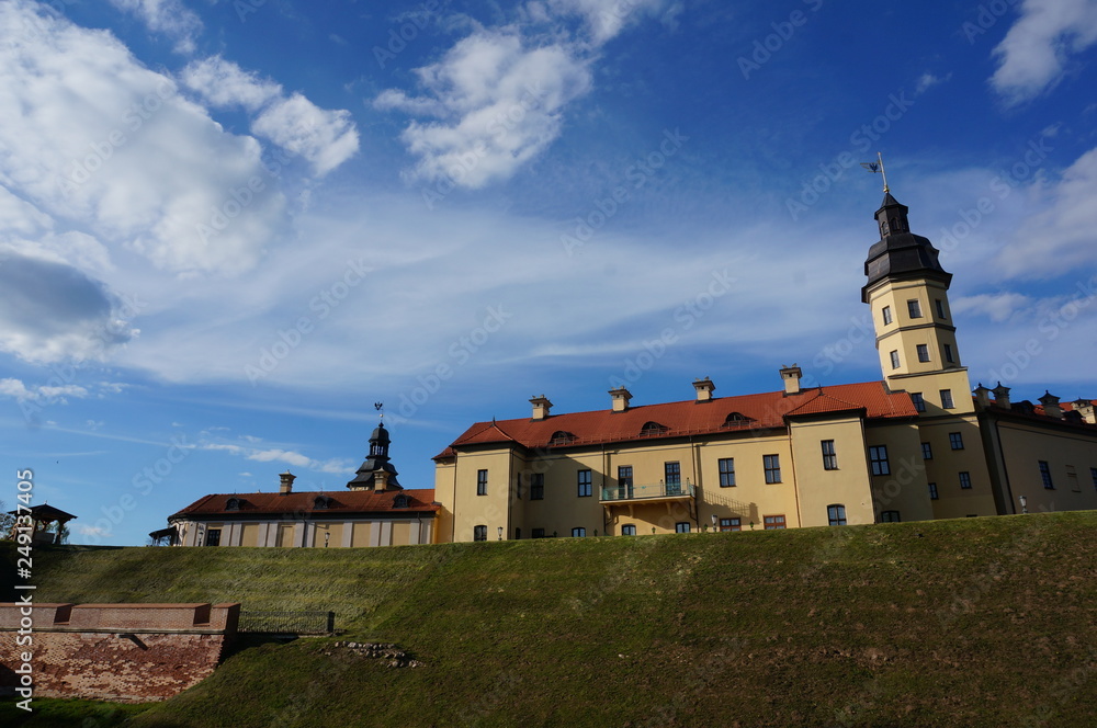 Nesvizh Castle in early autumn. Nyasvizh, Nieśwież, Nesvizh, Niasvizh, Nesvyzhius, Nieświeżh, in Minsk Region, Belarus. Site of residential castle of the Radziwill family. 