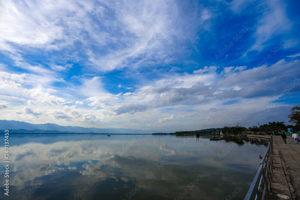 Kwan Phayao; a lake in Phayao province, the North of Thailand. Shooting with the rule of thirds between river, cloud, and sky.