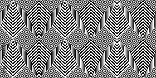 Seamless pattern with black white lines. Vector scales of striped hexagons and rhombuses. Op art background. Industrial technologic texture.