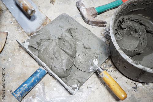 Masonry tools, wooden hammer,