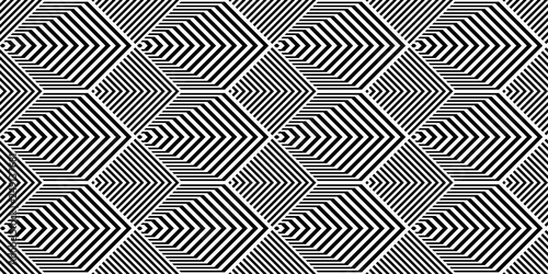 Seamless pattern with black white lines. Vector scales of striped hexagons and rhombuses. Op art background. Industrial technologic texture.