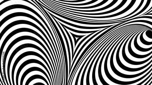 Vector black white background. Hypnotic abstraction with round striped lines. Asymmetric backdrop with circles and triangles. Optical illusion. Op art.