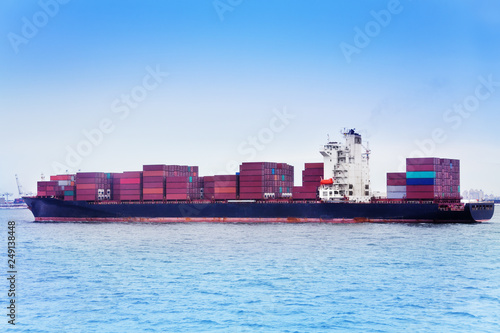 Ship full loaded with containers against blue sky
