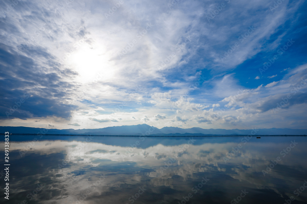 Kwan Phayao; a lake in Phayao province, the North of Thailand. Shooting with the rule of thirds between river, cloud, and sky.