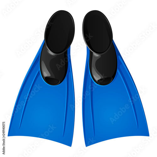 Rubber flippers for swimming, blue with black, top view. Isolated vector image on white background.
