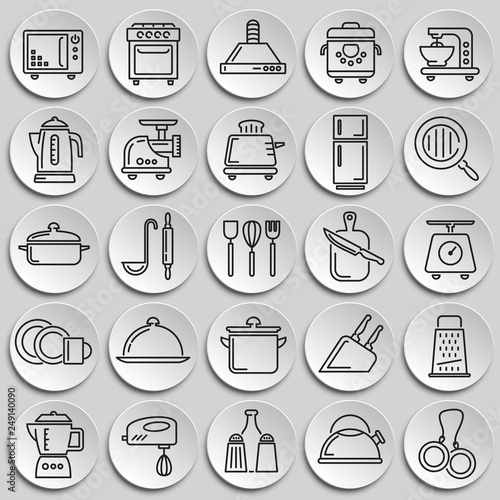 Kitchen appliances line icons set on plates background for graphic and web design, Modern simple vector sign. Internet concept. Trendy symbol for website design web button or mobile app