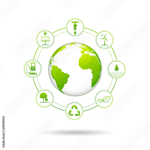 Ecology concept with renewable energy icons for world environment day and sustainable development concept, vector illustration
