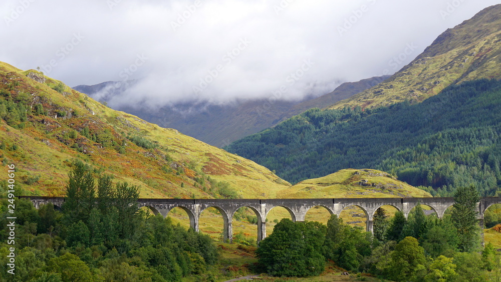 Panoramic view of Glenfinnan Viaduct. Scottish Highlands