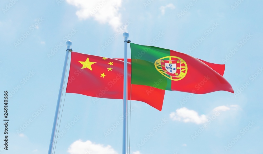 Portugal and China, two flags waving against blue sky. 3d image Portugal and China, two flags waving against blue sky. 3d image