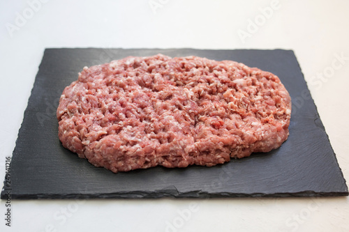 Raw minced pork and beef. Preparation of meat for meatballs.
