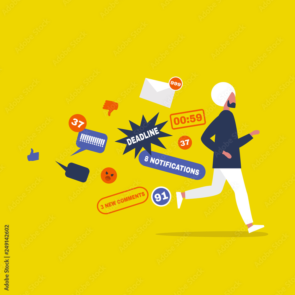 Digital hygiene. Stress. Indian male Character running away from the pop up notifications. Modern lifestyle. Overwhelming flow of information. Flat editable vector illustration, clip art Digital hygiene. Stress. Indian male Character running away from the pop up notifications. Modern lifestyle. Overwhelming flow of information. Flat editable vector illustration, clip art