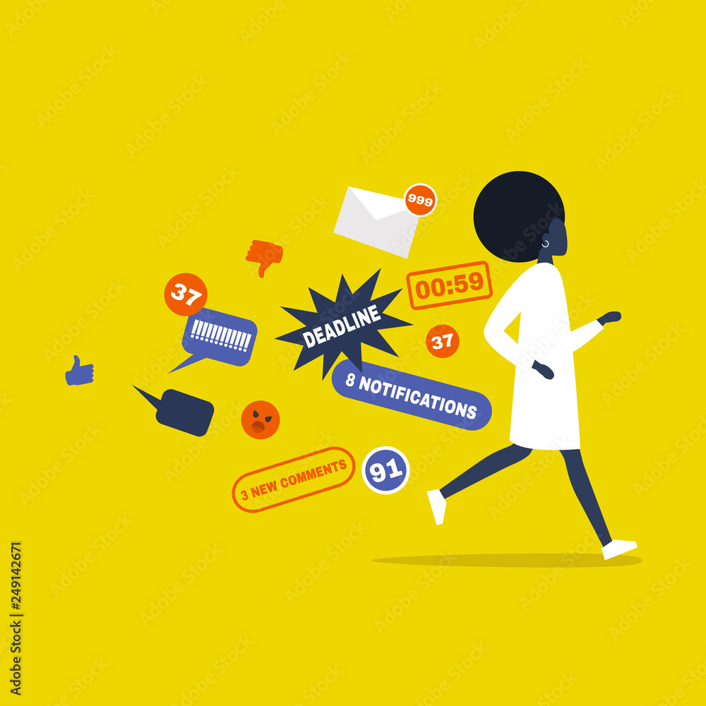 Digital hygiene. Stress. Black female Character running away from the pop up notifications. Modern lifestyle. Overwhelming flow of information. Flat editable vector illustration, clip art