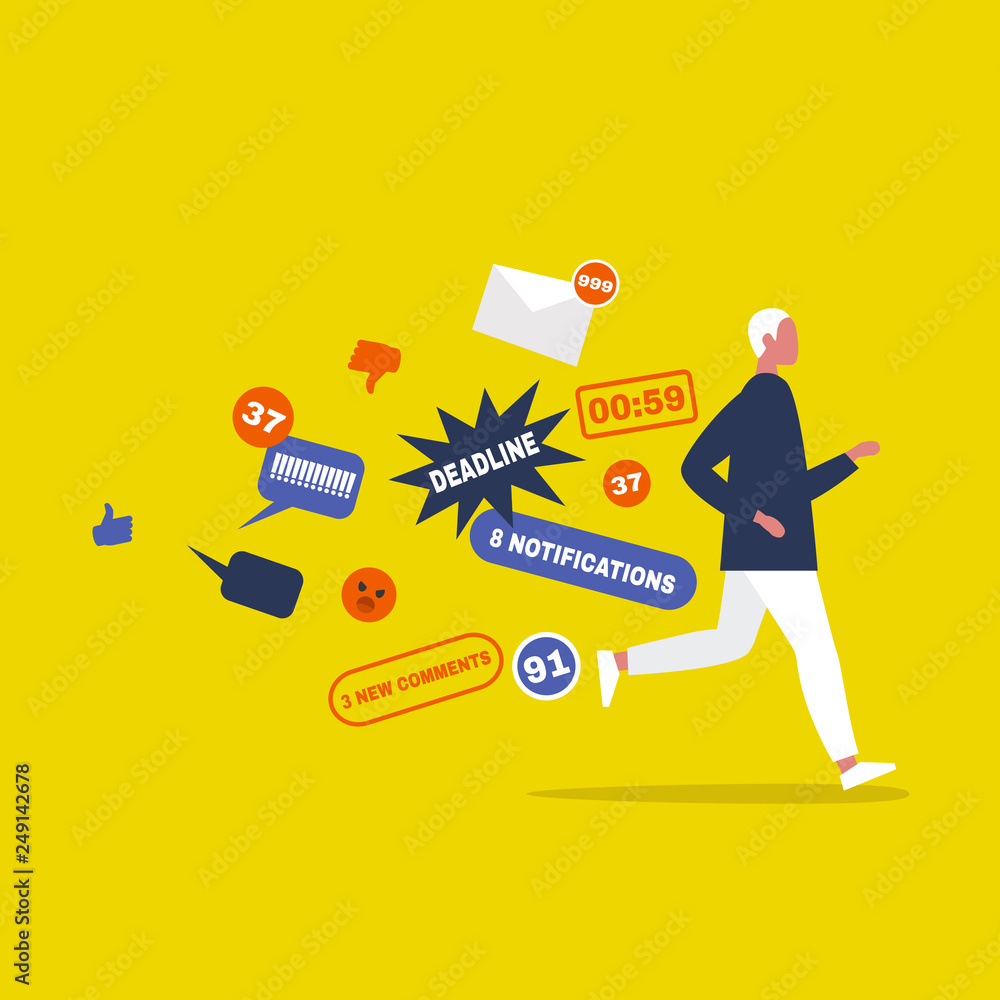 Digital hygiene. Stress. Male Character running away from the pop up notifications. Modern lifestyle. Overwhelming flow of information. Flat editable vector illustration, clip art
