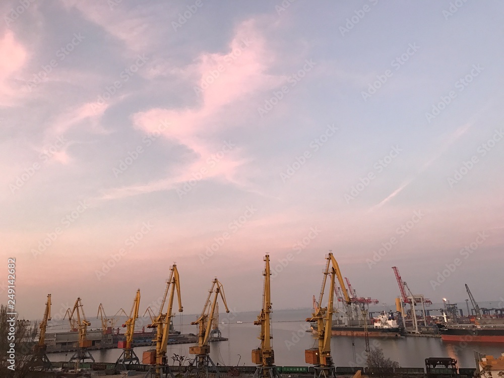 Sunset over the port in Odessa, Ukraine