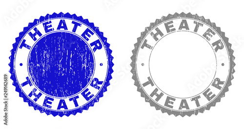 Grunge THEATER stamp seals isolated on a white background. Rosette seals with grunge texture in blue and grey colors. Vector rubber stamp imprint of THEATER text inside round rosette.