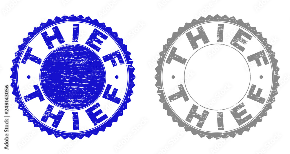 Grunge THIEF stamp seals isolated on a white background. Rosette seals with grunge texture in blue and grey colors. Vector rubber stamp imprint of THIEF title inside round rosette. Grunge THIEF stamp seals isolated on a white background. Rosette seals with grunge texture in blue and grey colors. Vector rubber stamp imprint of THIEF title inside round rosette.