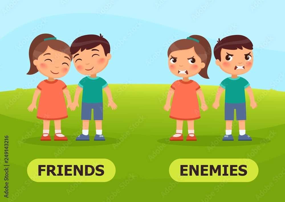 Vector antonyms and opposites. FRIENDS and ENEMIES. Card for teaching aid, for a foreign language learning