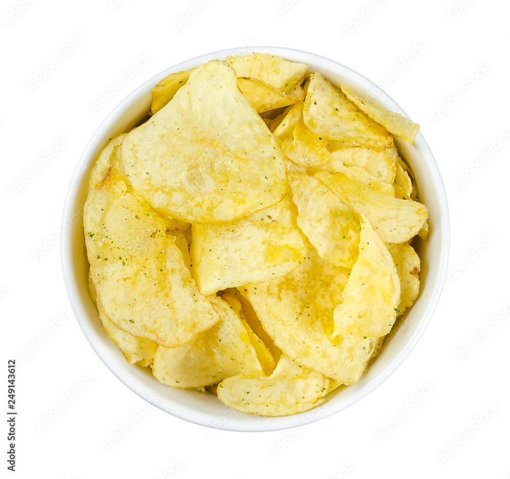 Potato chips in a plate isolated on white background. Potato chips in a plate isolated on white background.