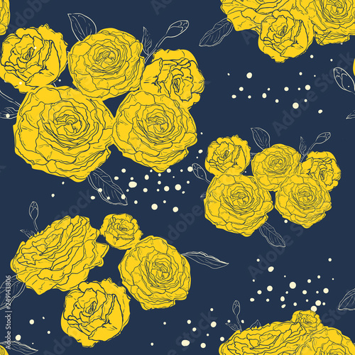 Vector seamless pattern with outline decorative roses. Beautiful floral background,texture.for textile, website background, book cover, packaging, wedding invitation. blue, yellow. hand drawing