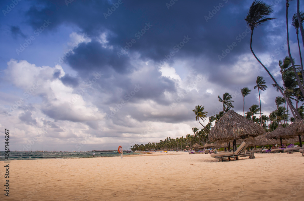 Caribbean beach with golden sand with storm clouds and wind on the leaves of palm trees