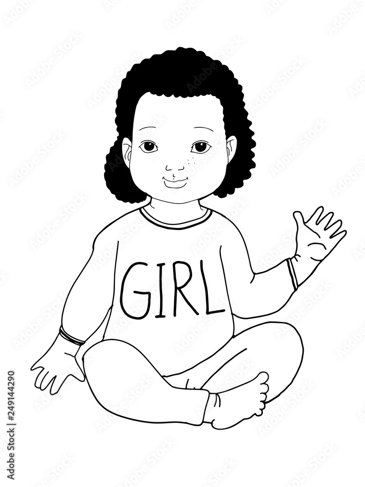 cute cartoon curly girl baby sitting illustration girl text clothes black  white colors Stock Illustration | Adobe Stock