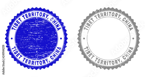 Grunge TIBET TERRITORY, CHINA stamp seals isolated on a white background. Rosette seals with grunge texture in blue and grey colors. Vector rubber overlay of TIBET TERRITORY,